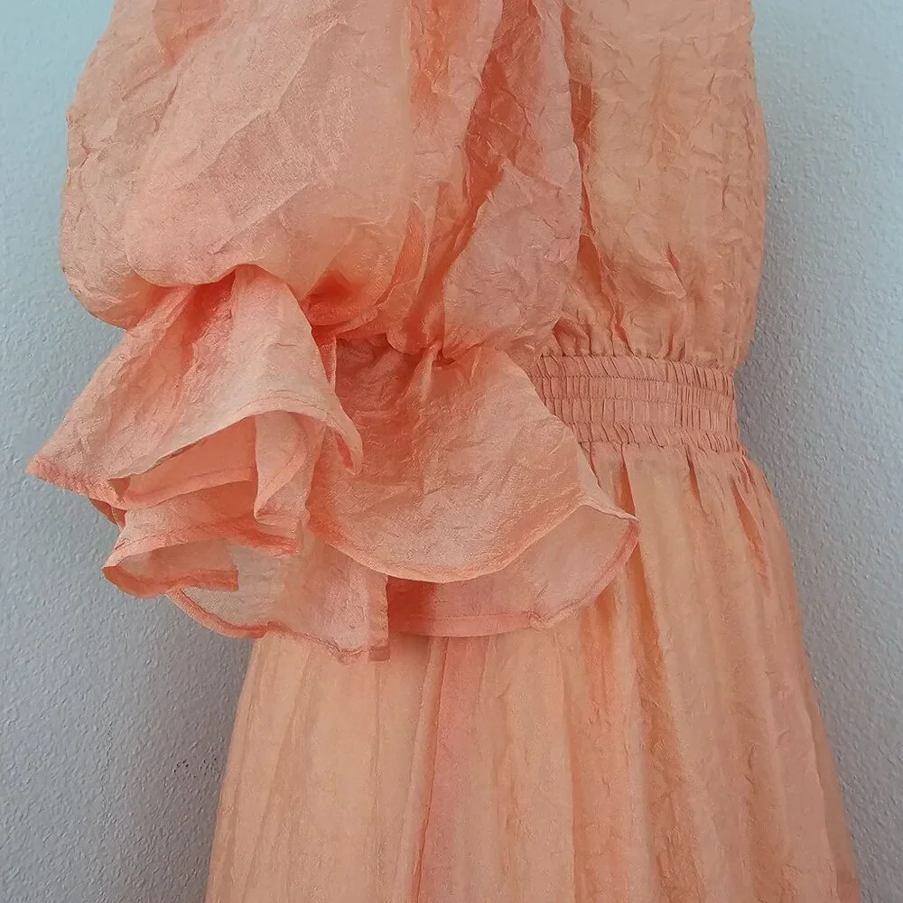 MOON RIVER Womens Sz S Puff Sleeve Tiered Back cutout Midi Dress Coral Cocktail - Picture 13 of 16